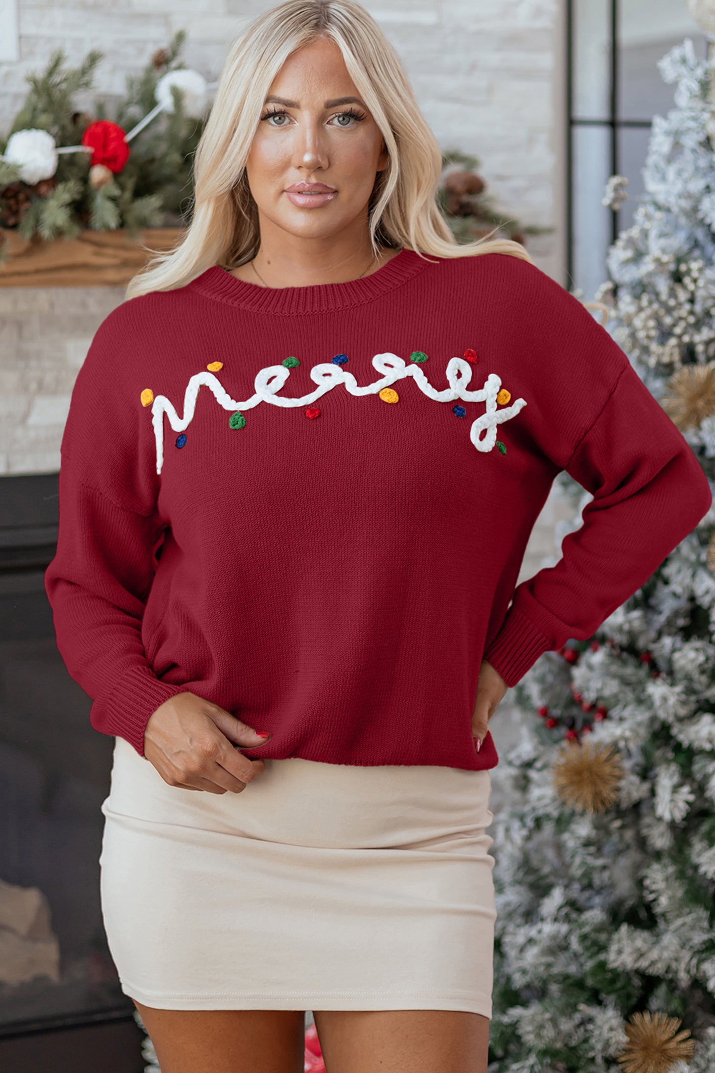 Racing Red Merry Colorful Dot Detail Christmas Drop Shoulder Sweater