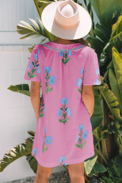 Blue Floral Short Sleeve Split Neck Loose Mini Dress