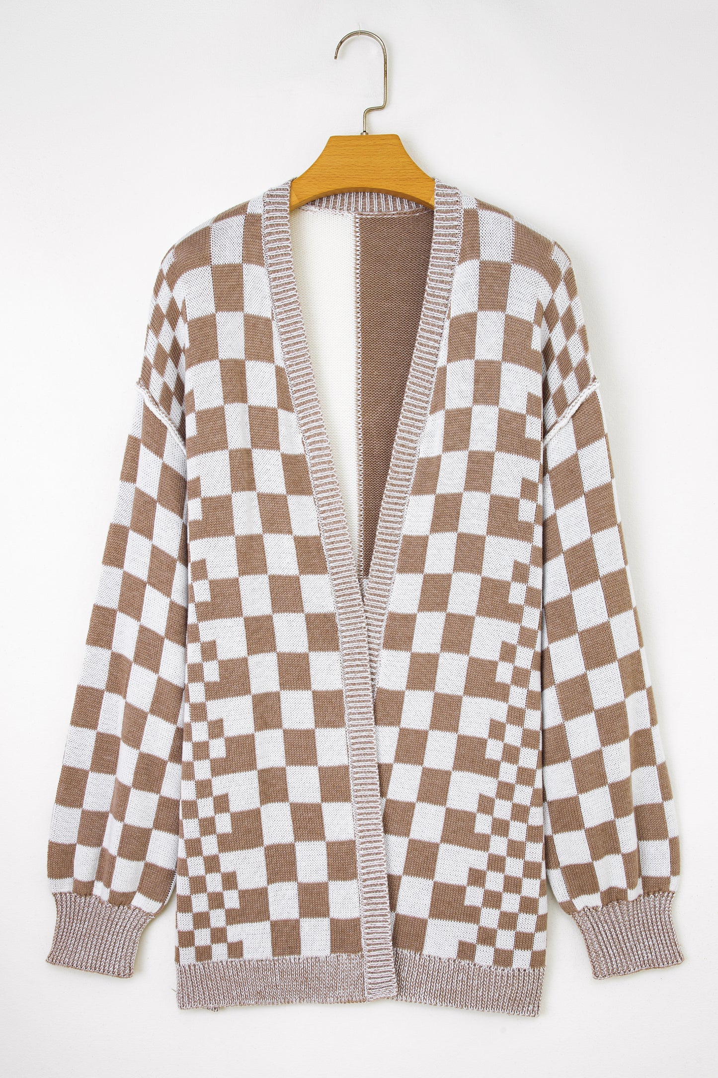Black Plus Size Checkered Bubble Sleeve Drop Shoulder Open Cardigan