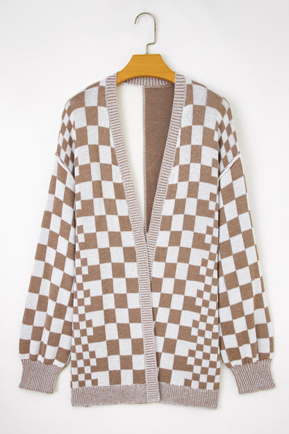 Black Plus Size Checkered Bubble Sleeve Drop Shoulder Open Cardigan