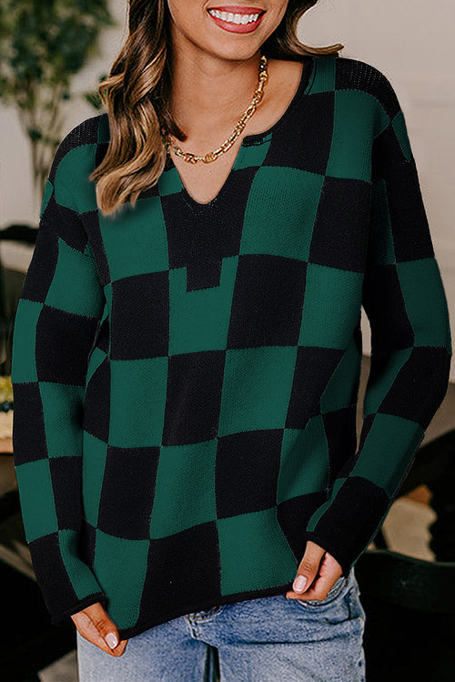 Black Checked Notched Neckline Drop Shoulder Knit Sweater