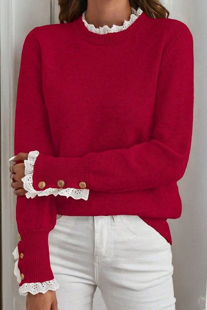 Sleet Lace Trim Patchwork Buttoned Cuffs Loose Sweater