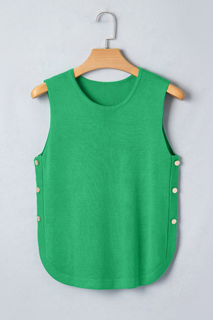 Bright Green Side Button Round Neck Knit Sleeveless Sweater