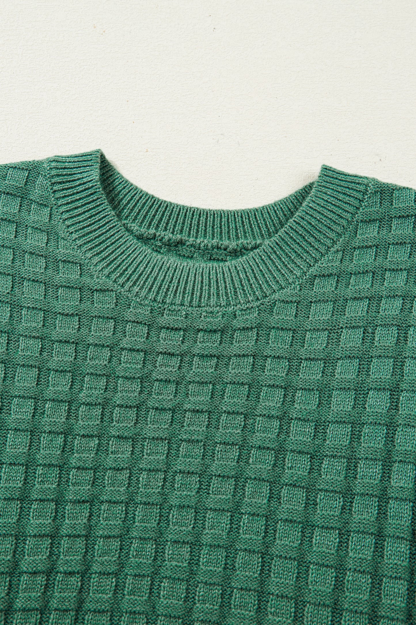 Mist Green Solid Color Round Neck Textured Short Sleeve Sweater