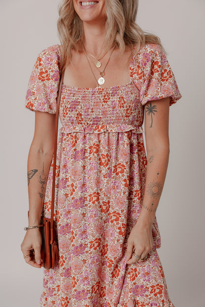 Pink Floral Square Neck Knotted Ruffle Midi Dress