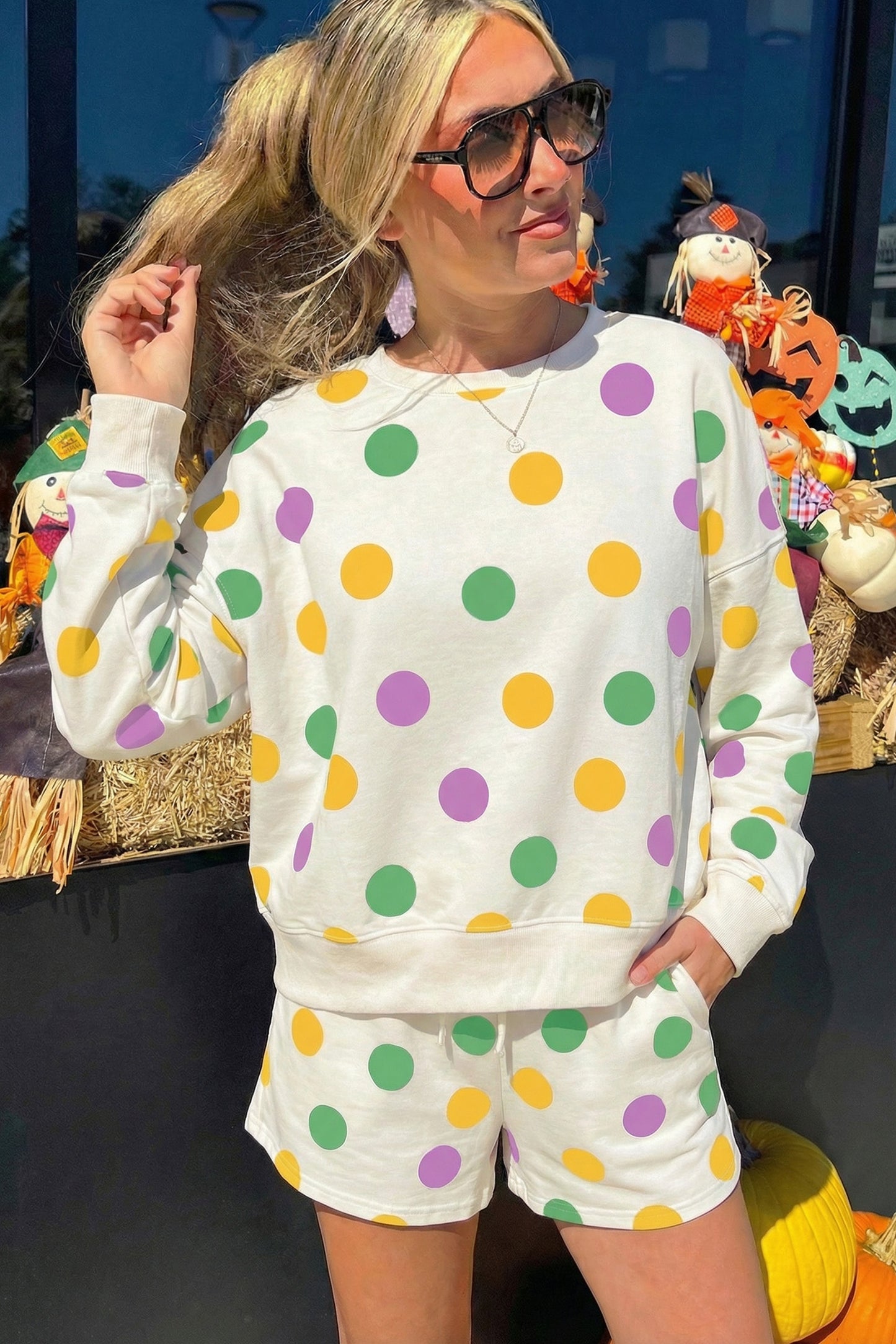 Multicolour Polka Dot Print Drop Shoulder Pullover Drawstring Shorts Set