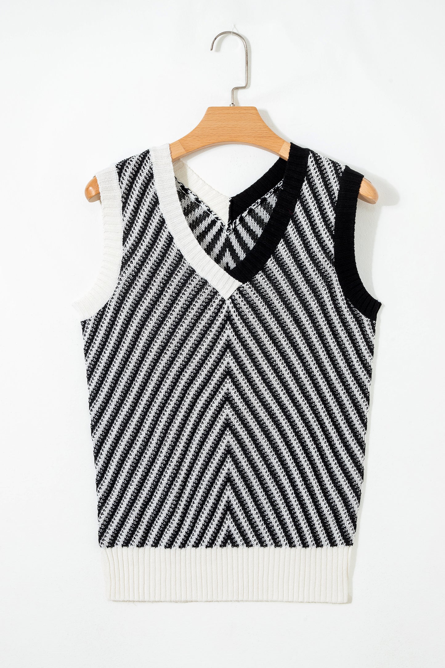 Black Contrast Chevron Knit V Neck Sweater Vest