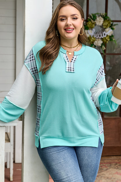 Aruba Blue Twist Ribbed Color Block Plaid Patchwork Plus Size Long Sleeve Top