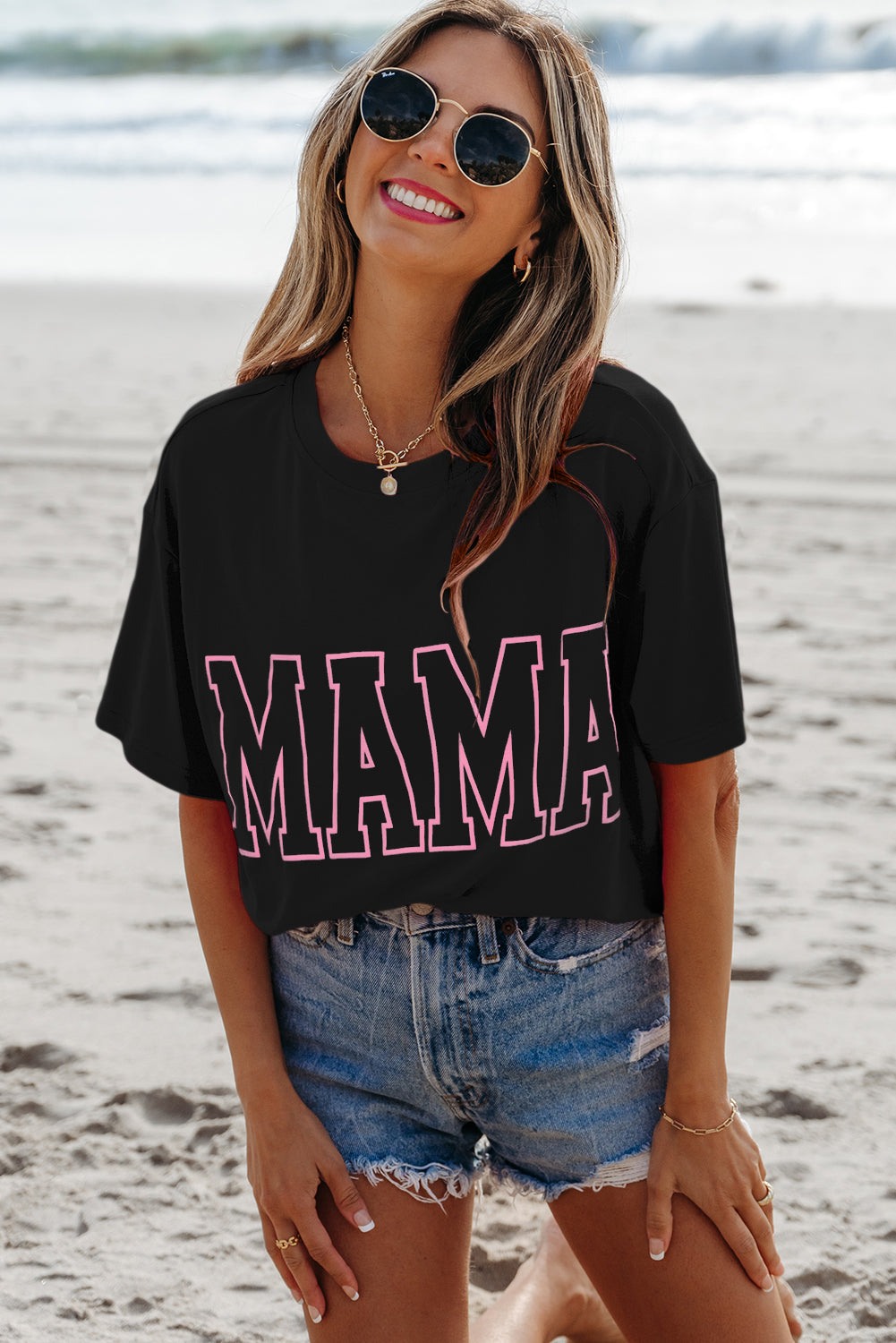 Bright Pink MAMA Letter Graphic Neon T Shirt