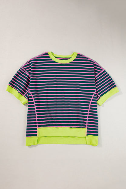 Pink Stripe Oversized Contrast Trim Exposed Seam High Low T Shirt