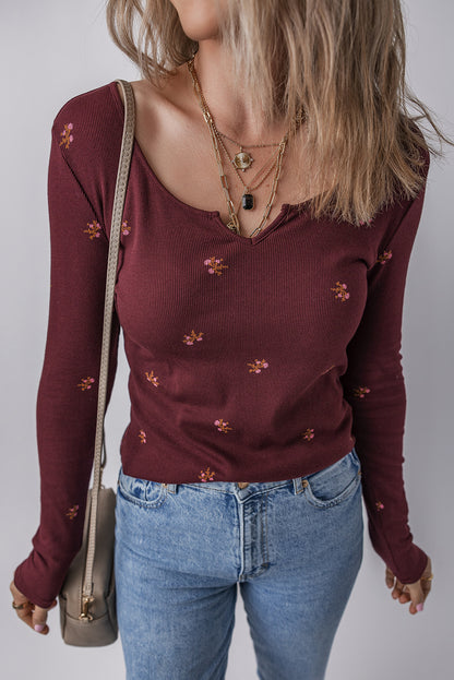 Burgundy Notched Neck Floral Print Ribbed Long Sleeve Top