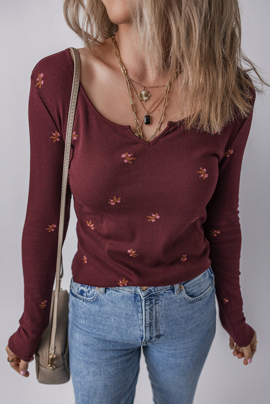 Burgundy Notched Neck Floral Print Ribbed Long Sleeve Top