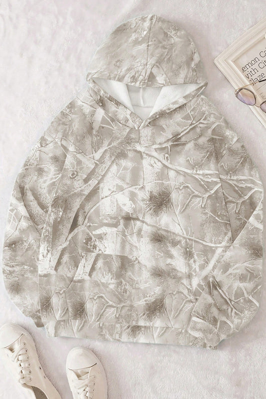Beige Camouflage Woodland Print Oversized Sporty Hoodie