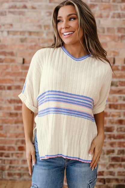 White Striped V Neck Dolman Sleeve Rib Knit Oversized Sweater with Slits