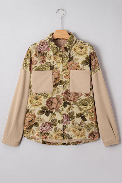 Khaki Floral Waffle Knit Patchwork Chest Pockets Buttoned Jacket