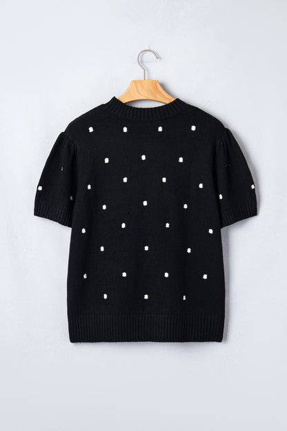 Black Elegant Polka Dot Bubble Short Sleeve Sweater