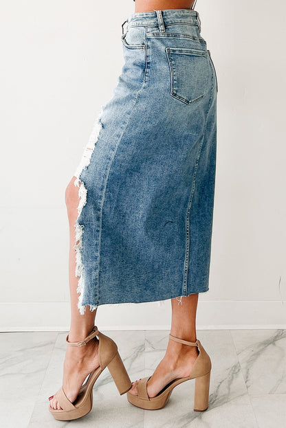 Myosotis Irregular Distressed Bottom Denim Midi Skirt
