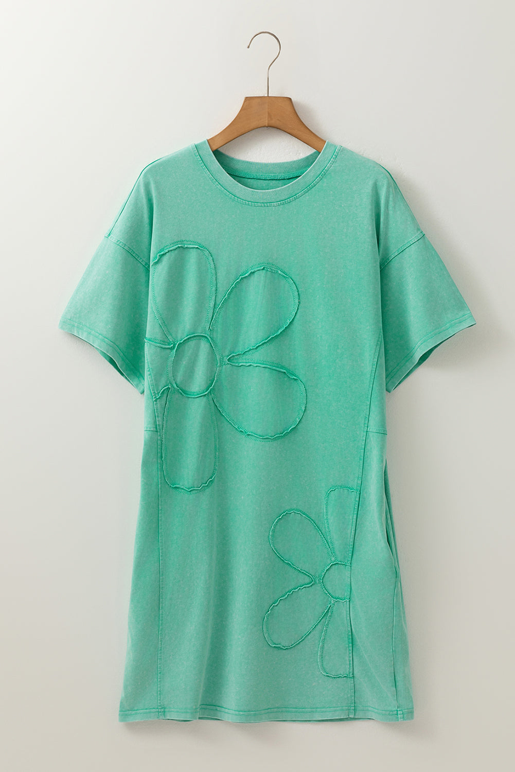 Mint Green Mineral Wash Flower Patchwork Mini T Shirt Dress