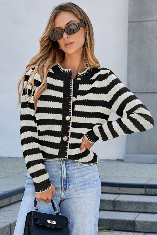White Stripe Chic Golden Button Cardigan Sweater