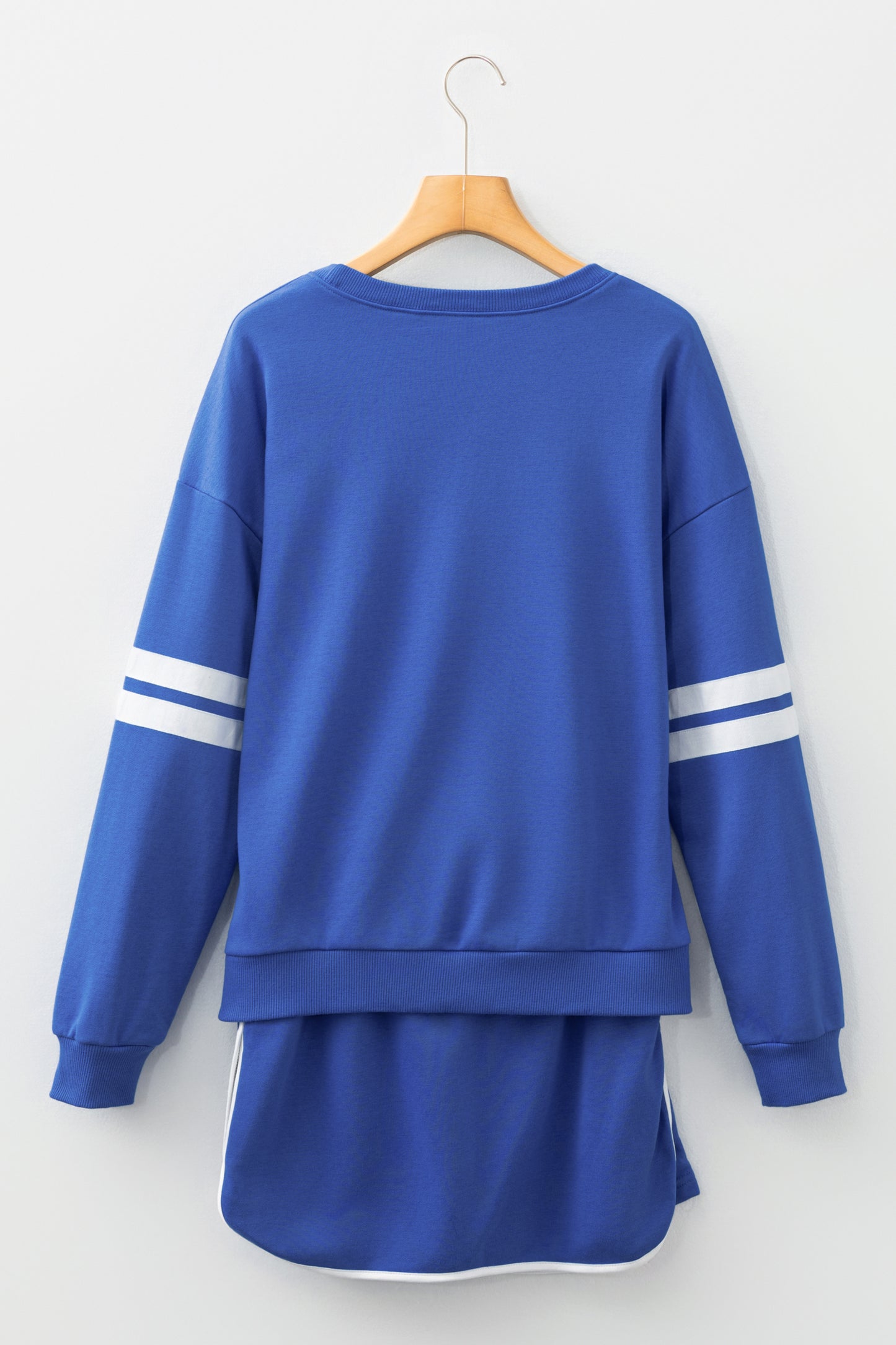 Sky Blue Varsity Stripe Detail Drop Shoulder Pullover Mini Skirt Set