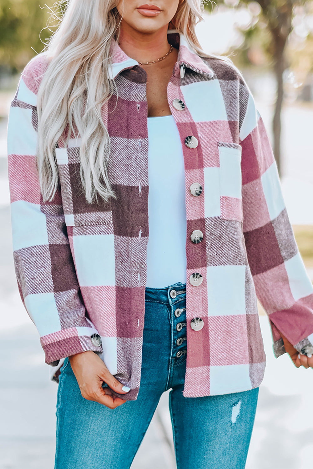 Pink Plaid Color Block Buttoned Long Sleeve Jacket with Pocket