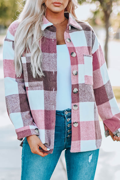 Pink Plaid Color Block Buttoned Long Sleeve Jacket with Pocket