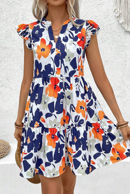 Fashion Floral Print Notched Neck Flutter Sleeve Mini Dress