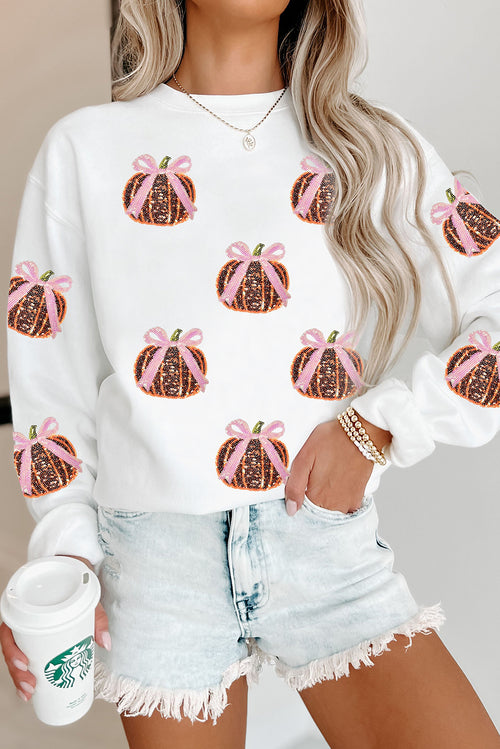 White Sequin Bow Pumpkin Patched Cotton Baggy Sweatshirt