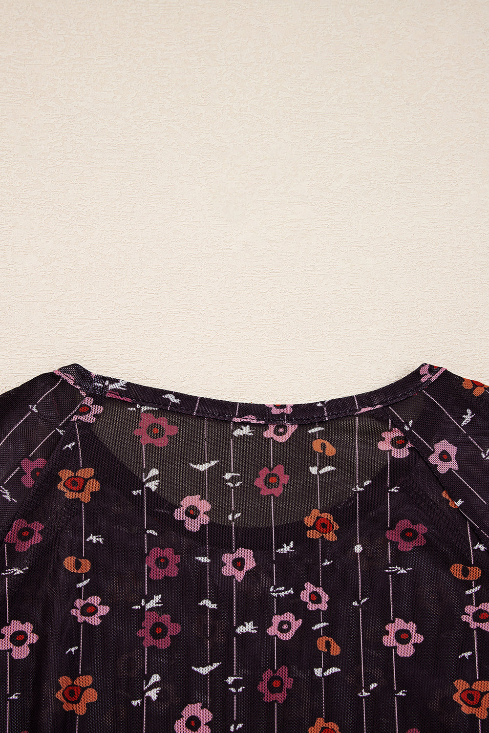 Black Floral Print Smocked Cuff Slim Fit Mesh Bodysuit