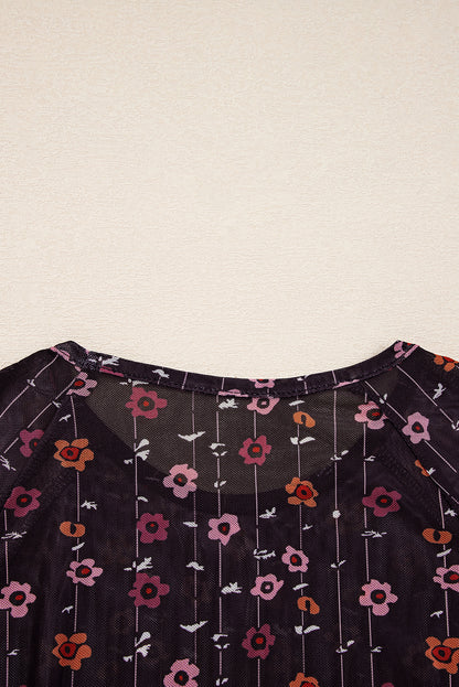 Black Floral Print Smocked Cuff Slim Fit Mesh Bodysuit