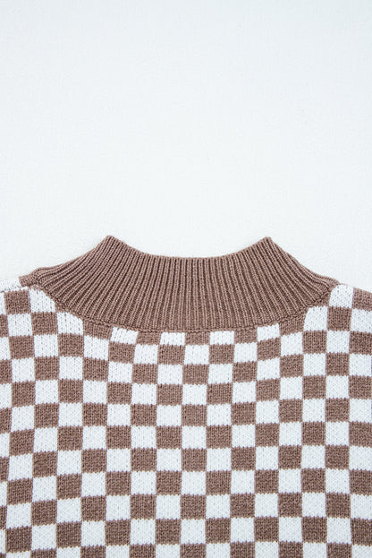 Dark Brown Half Button Ribbed Trim Checkerboard Knit Sweater