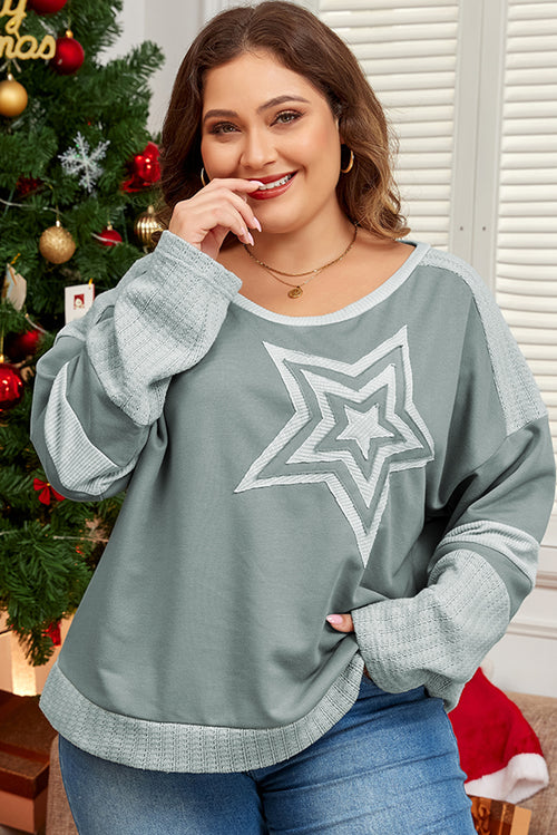 Mist Green Stars Patchwork Round Neck Plus Size T Shirt