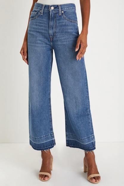 Dusk Blue Raw Hem Straight Leg Loose High Waist Jeans