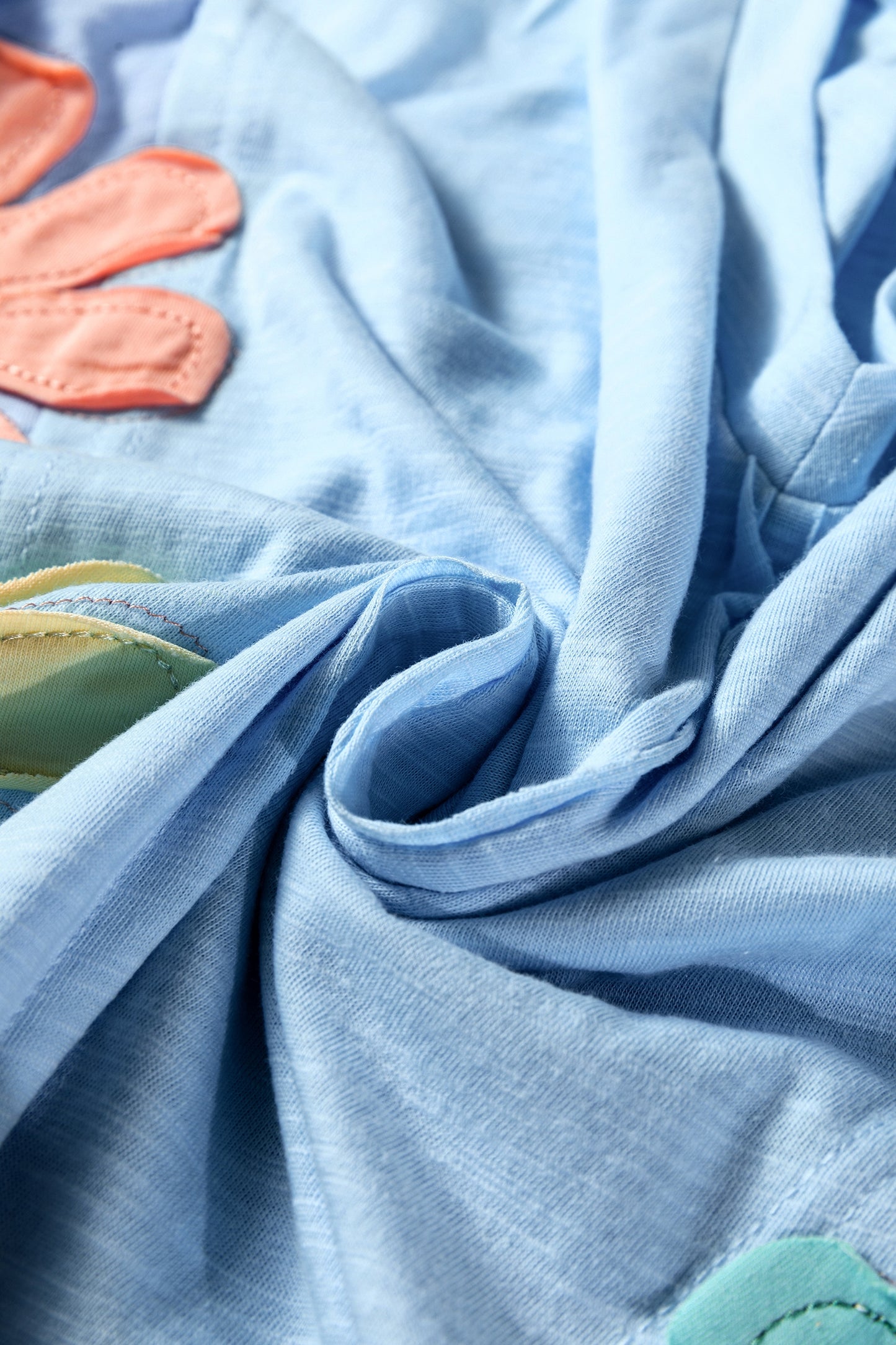 Light Blue Flower Patched Exposed Seam Bracelet Sleeve Oversized T Shirt