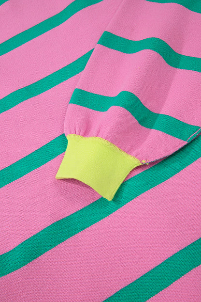 Pink Stripe Colorblock Drop Shoulder Buttoned Loose Cardigan