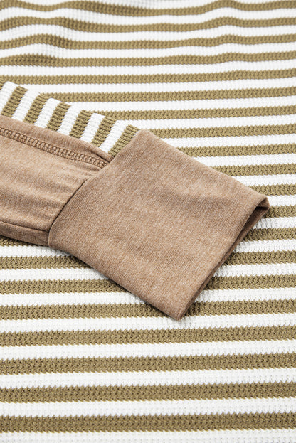Khaki Stripe Thermal Knit Drop Shoulder Casual Top