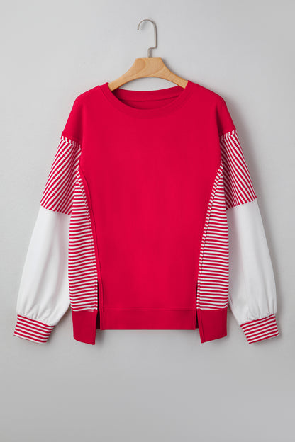 Dark Blue Striped Patchwork Sleeve Colorblock Sweatshirt