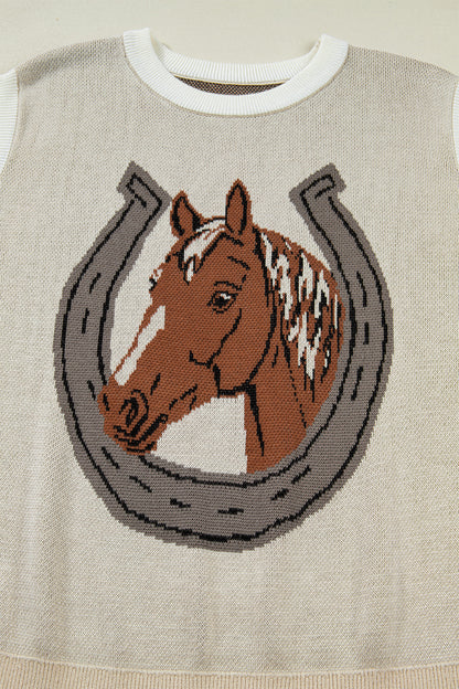 Parchment Horse Shoe Print Color Block Trim Round Neck Sleeveless Sweater
