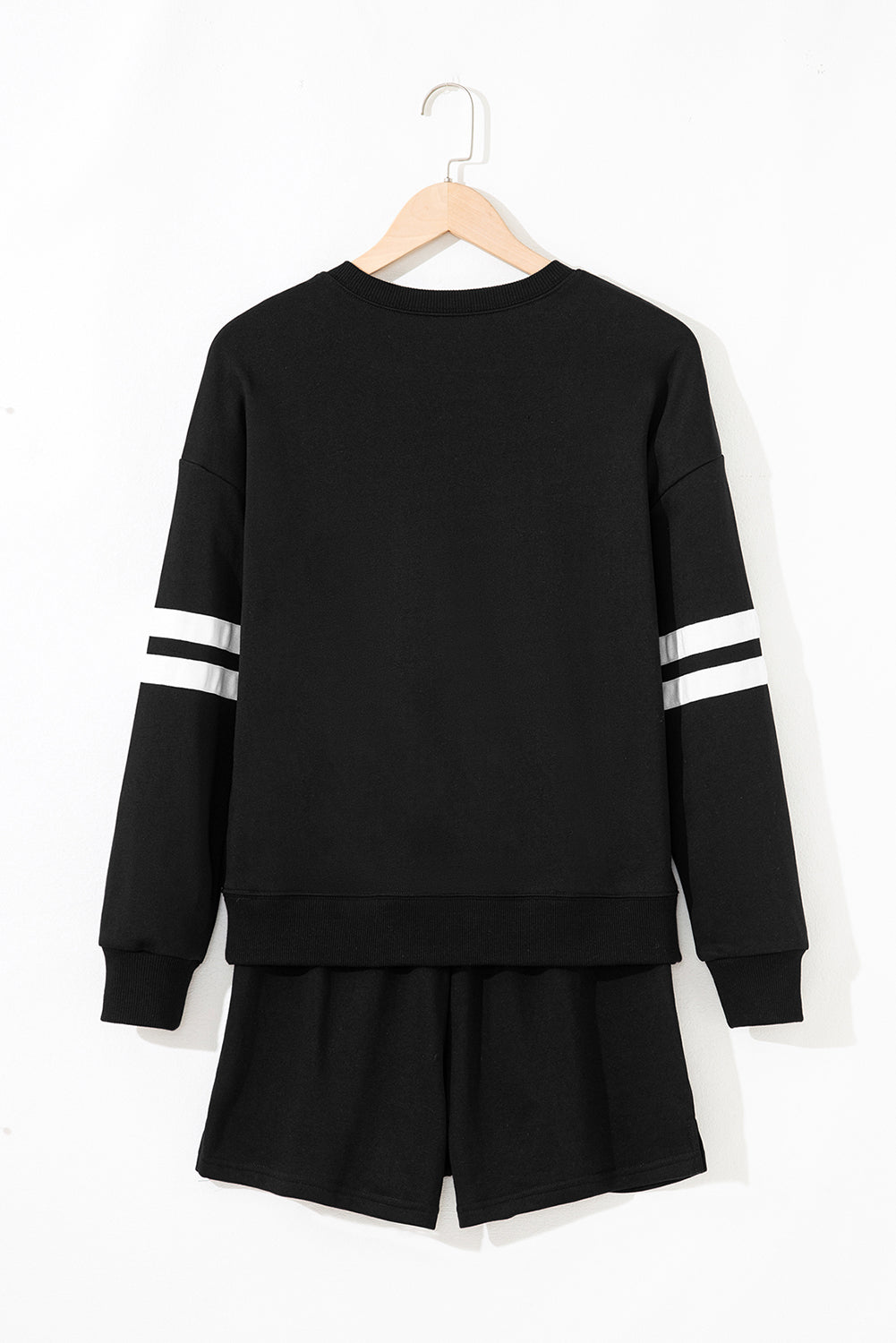 Black Varsity Striped Sleeve Drop Shoulder Sweatshirt and Short Set