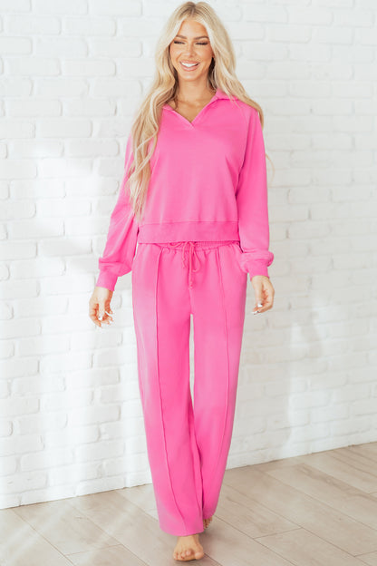 Wisteria Solid Color Collared Pullover and Central Seam Pants Set