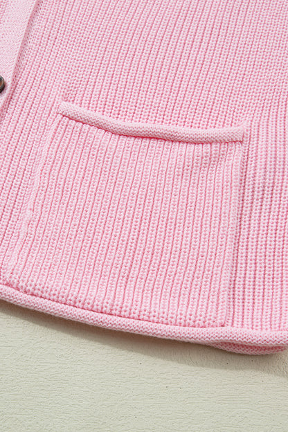 Pink Solid Color Knit V Neck Button Front Sweater Vest