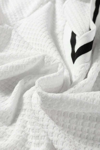 White Textured Knit Preppy Striped Trim V Neck Pullover Waffle Top