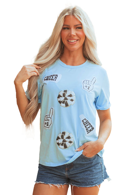 Light Blue Cheer Game Day Element Sequin Patched T Shirt