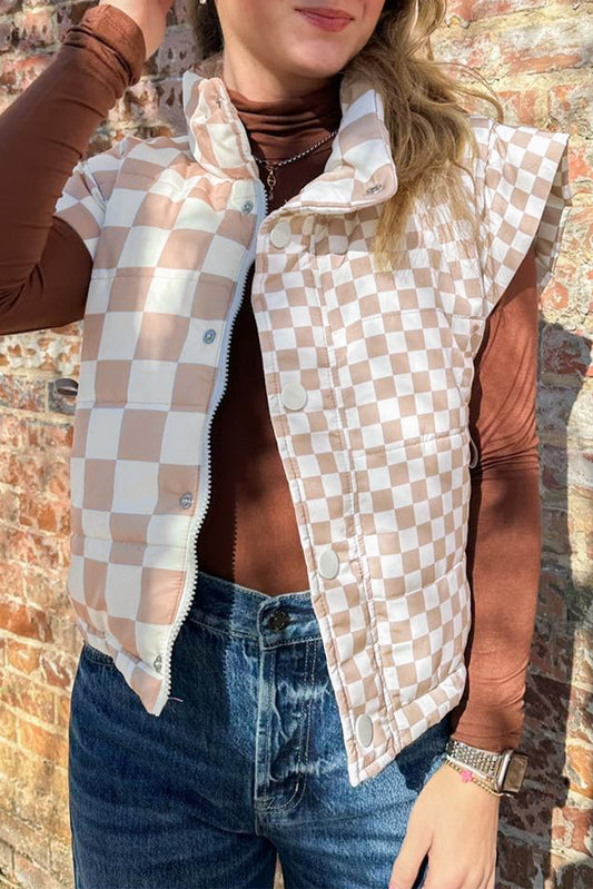 Khaki Contrast Plaid Quilted Button Zip Up Vest