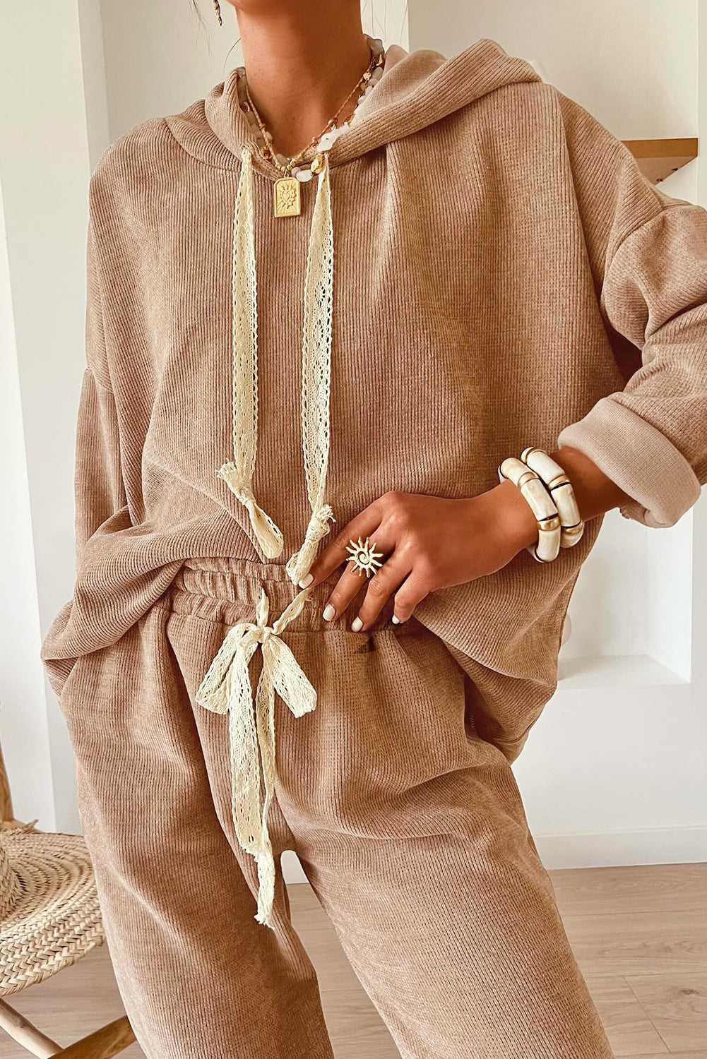 Rose Tan Lace Drawstring Pullover Hoodie and High Waist Pants Corduroy Suit