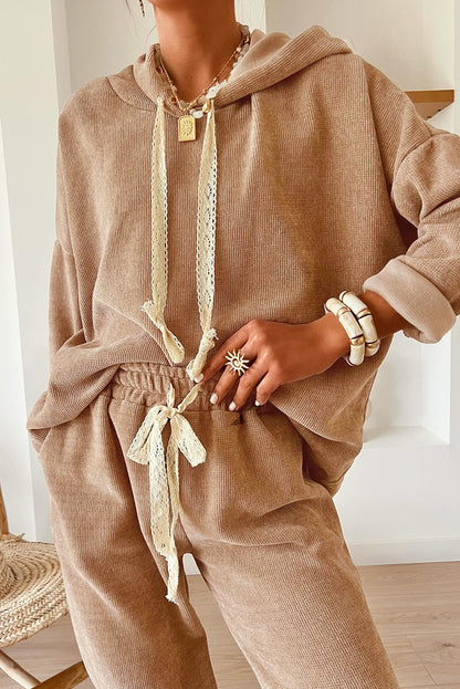Rose Tan Lace Drawstring Pullover Hoodie and High Waist Pants Corduroy Suit