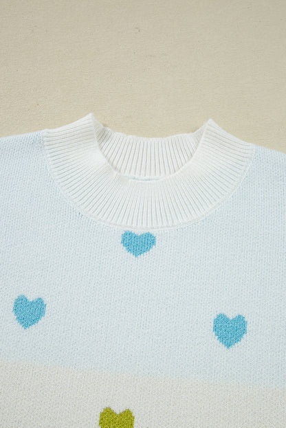 Multicolour Heart Pattern Colorblock Knit High Neck Baggy Sweater