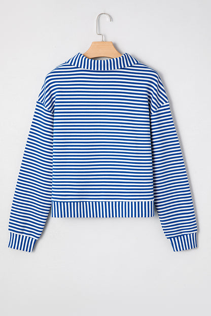 Green Stripe Quarter Zip Collar Pullover Long Sleeve Top