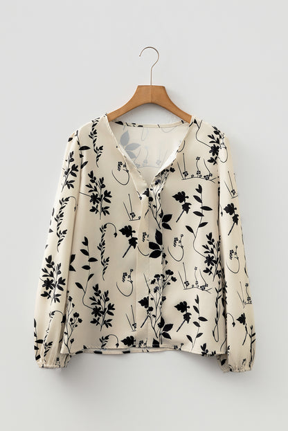 Khaki Botanical Floral Print Split Neck Long Sleeve Blouse