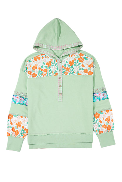 Clearly Aqua Lace Floral Patchwork Half Button Hooded Pullover